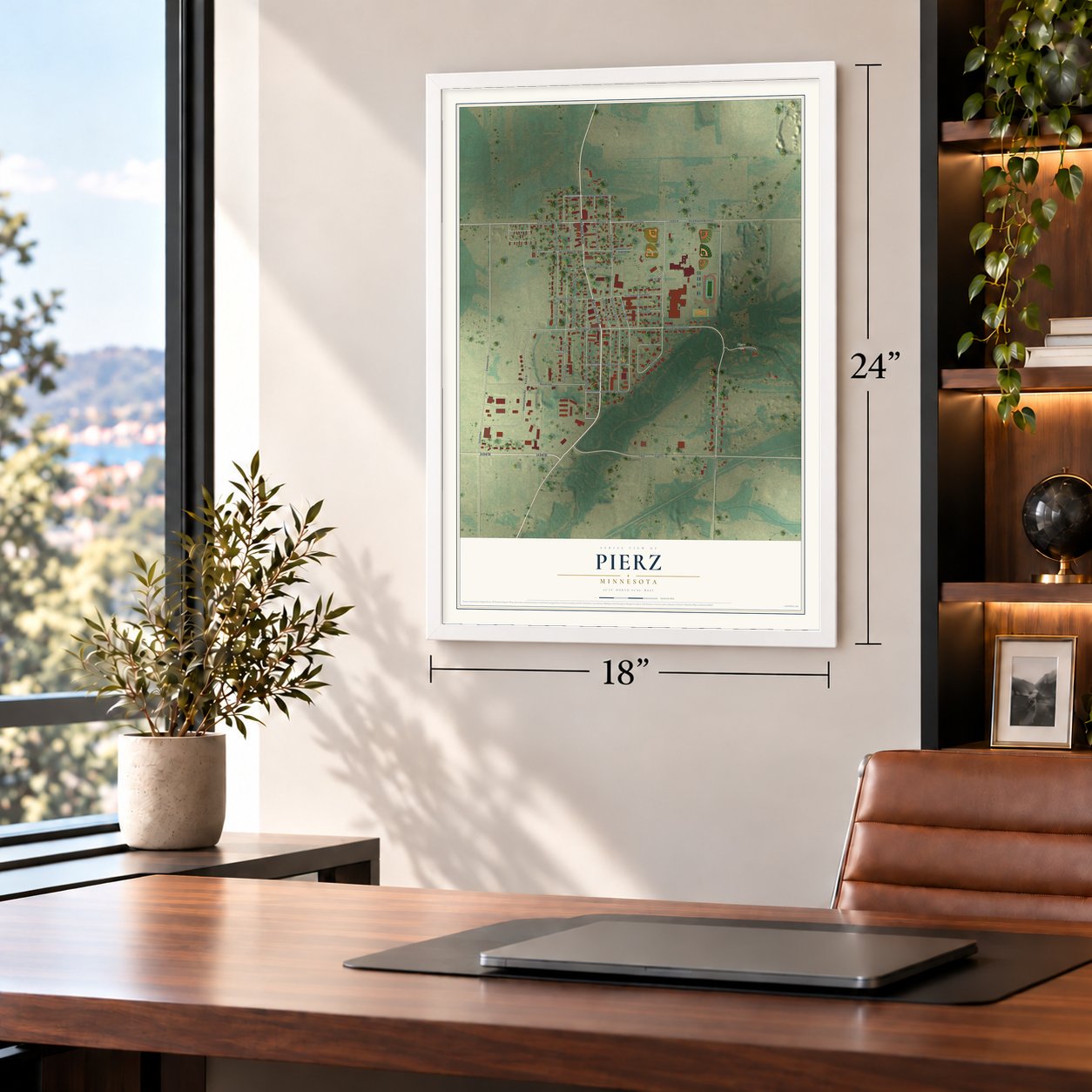 Pierz, Minnesota map, 18 x 24 inch print in a white frame in a home office