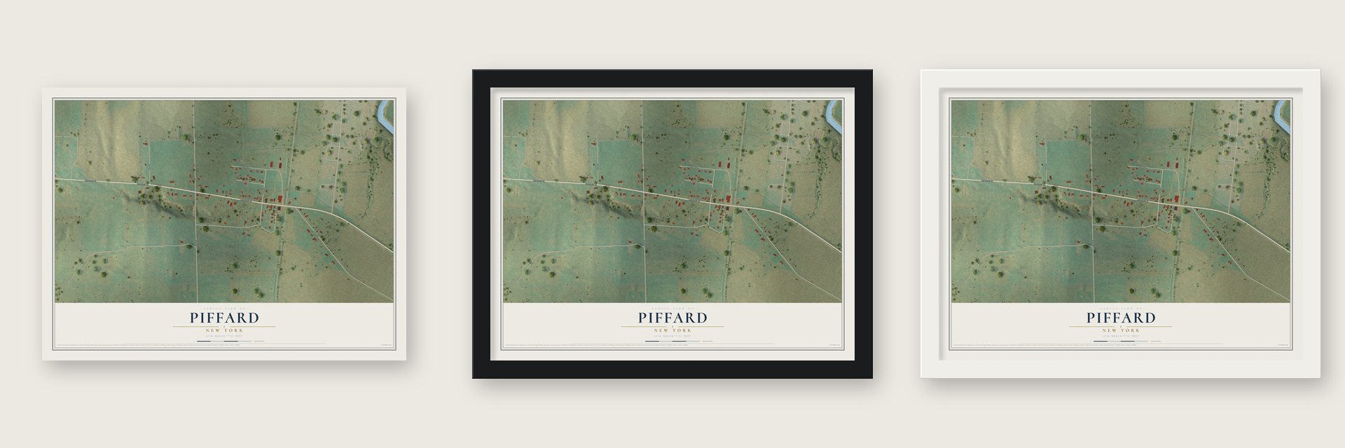 Piffard, New York map unframed, in a black wood frame and in a white wood frame