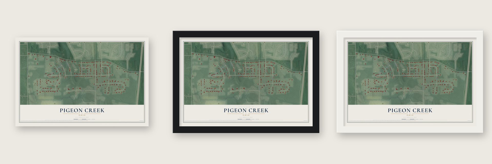 Pigeon Creek, Ohio map unframed, in a black wood frame and in a white wood frame