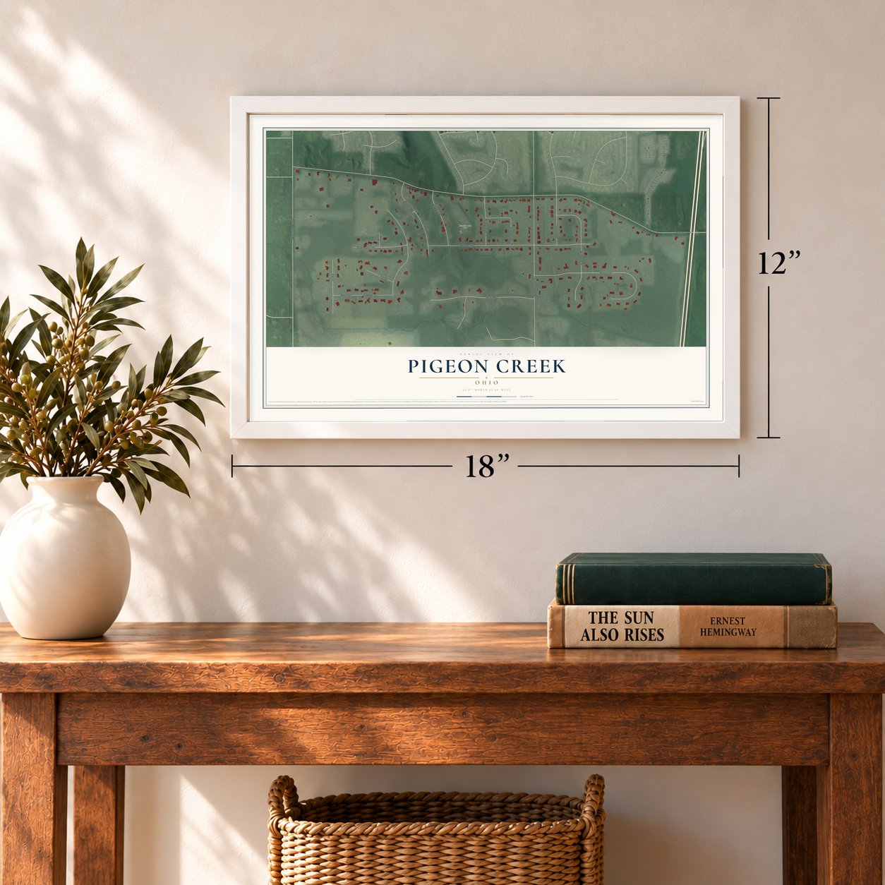 Pigeon Creek, Ohio map, 12 x 18 inch print in a white frame in an entryway