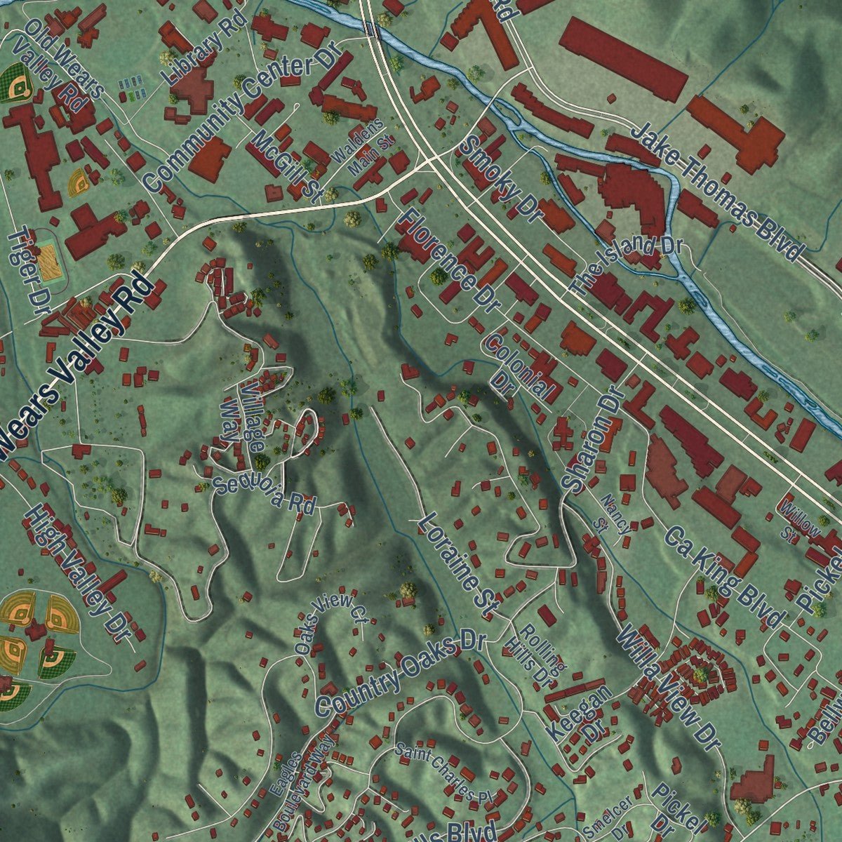 Second close-up of the map of Pigeon Forge, Tennessee print showing more streets and buildings