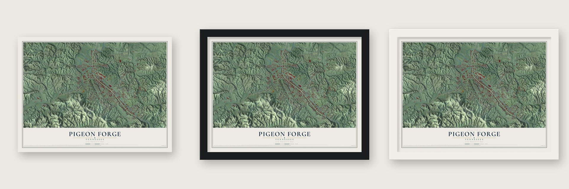 Pigeon Forge, Tennessee map unframed, in a black wood frame and in a white wood frame