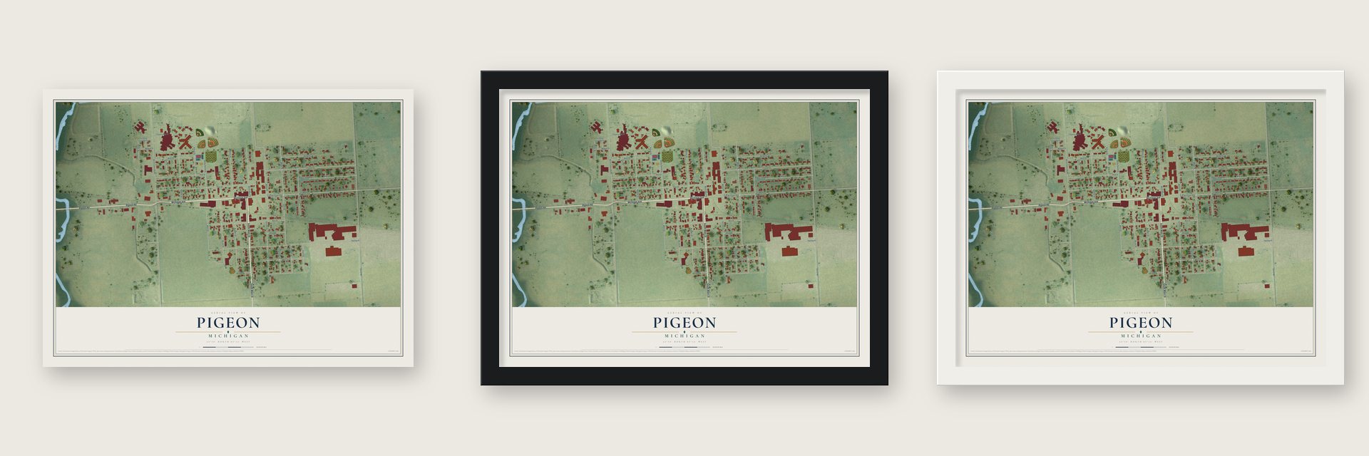 Pigeon, Michigan map unframed, in a black wood frame and in a white wood frame