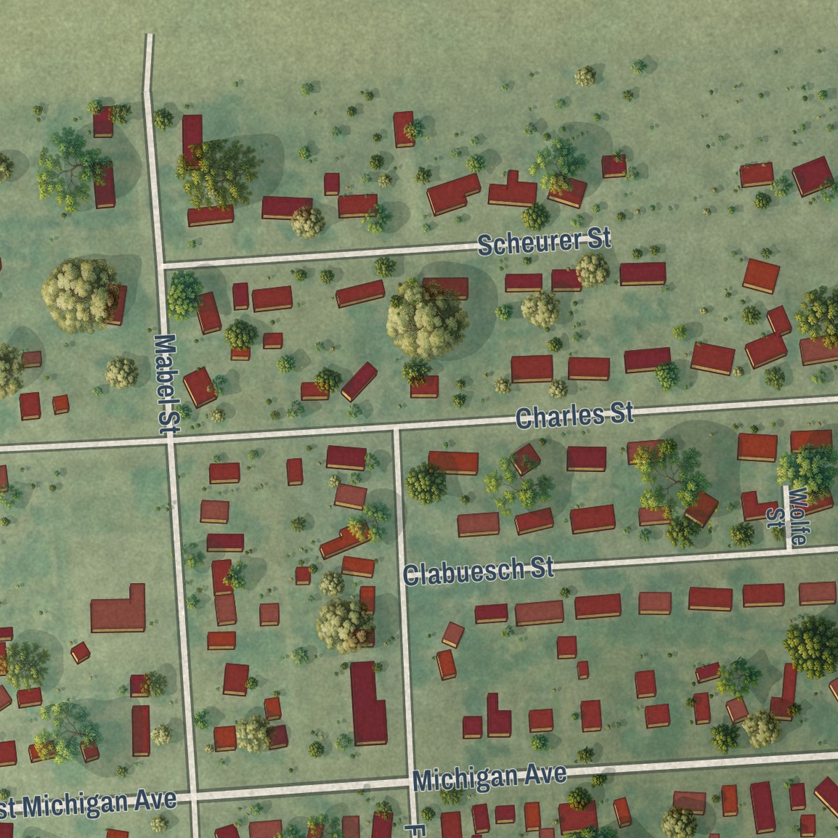 Second close-up of the map of Pigeon, Michigan print showing more streets and buildings