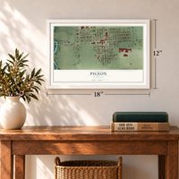 Pigeon, Michigan map, 12 x 18 inch print in a white frame in an entryway