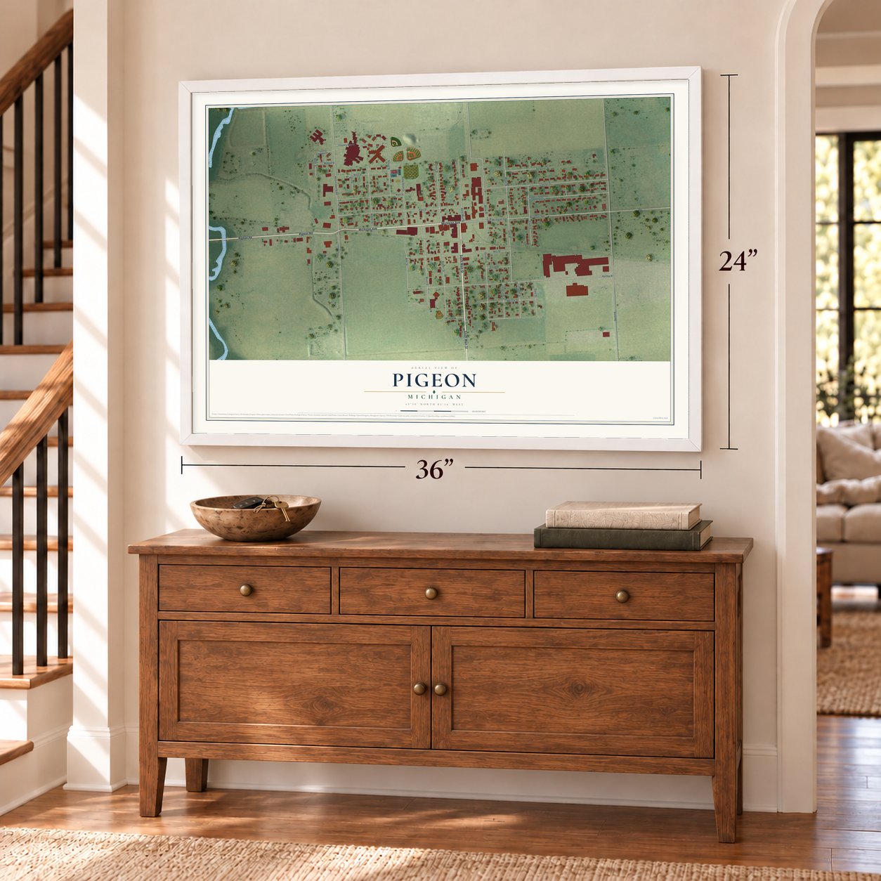 Pigeon, Michigan map, 24 x 36 inch print in a white frame above a dresser by a staircase