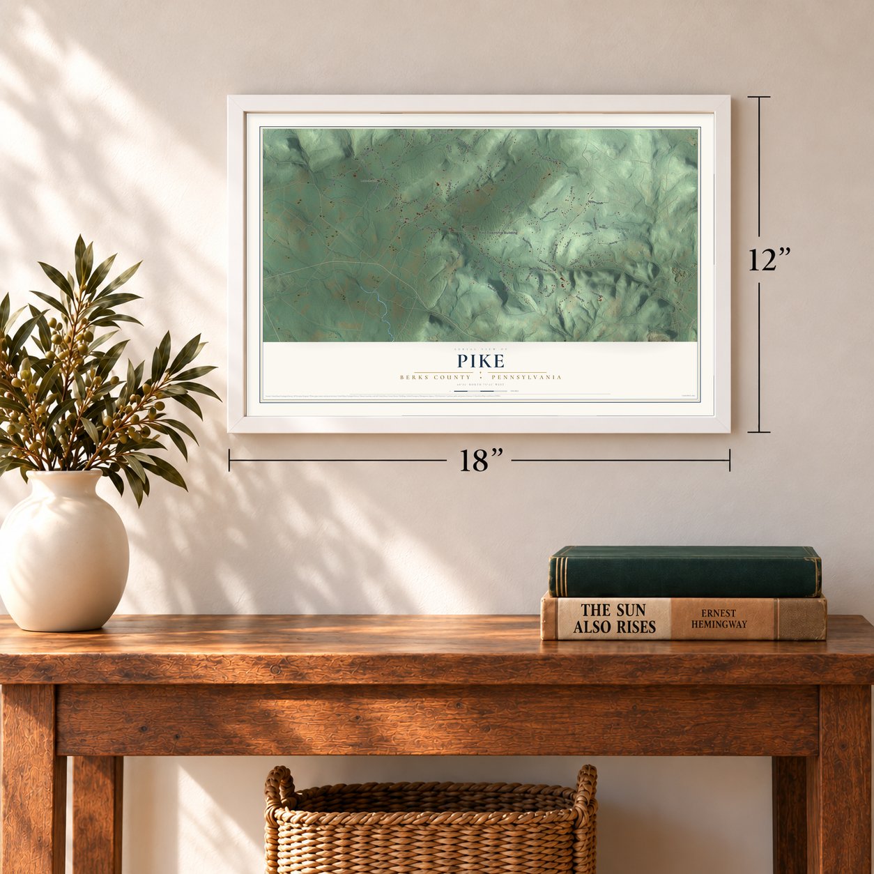Pike, Berks County, Pennsylvania map, 12 x 18 inch print in a white frame in an entryway