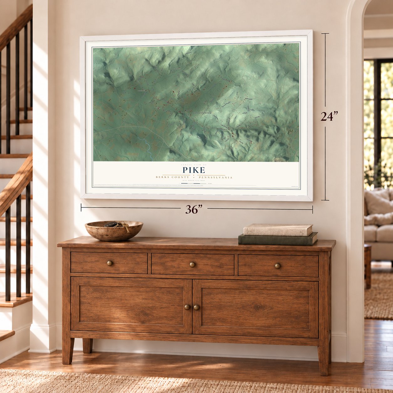 Pike, Berks County, Pennsylvania map, 24 x 36 inch print in a white frame above a dresser by a staircase