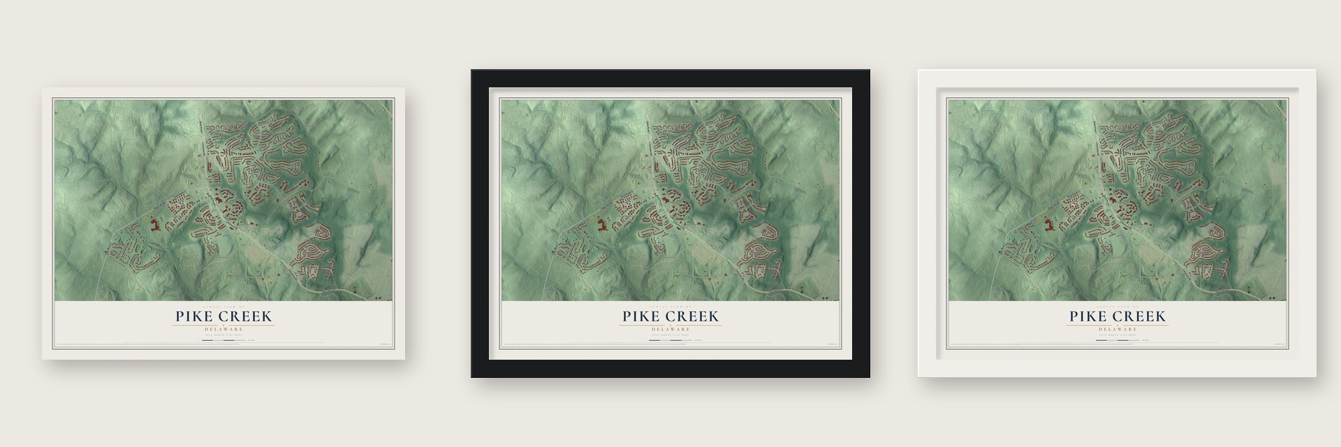 Pike Creek, Delaware map unframed, in a black wood frame and in a white wood frame