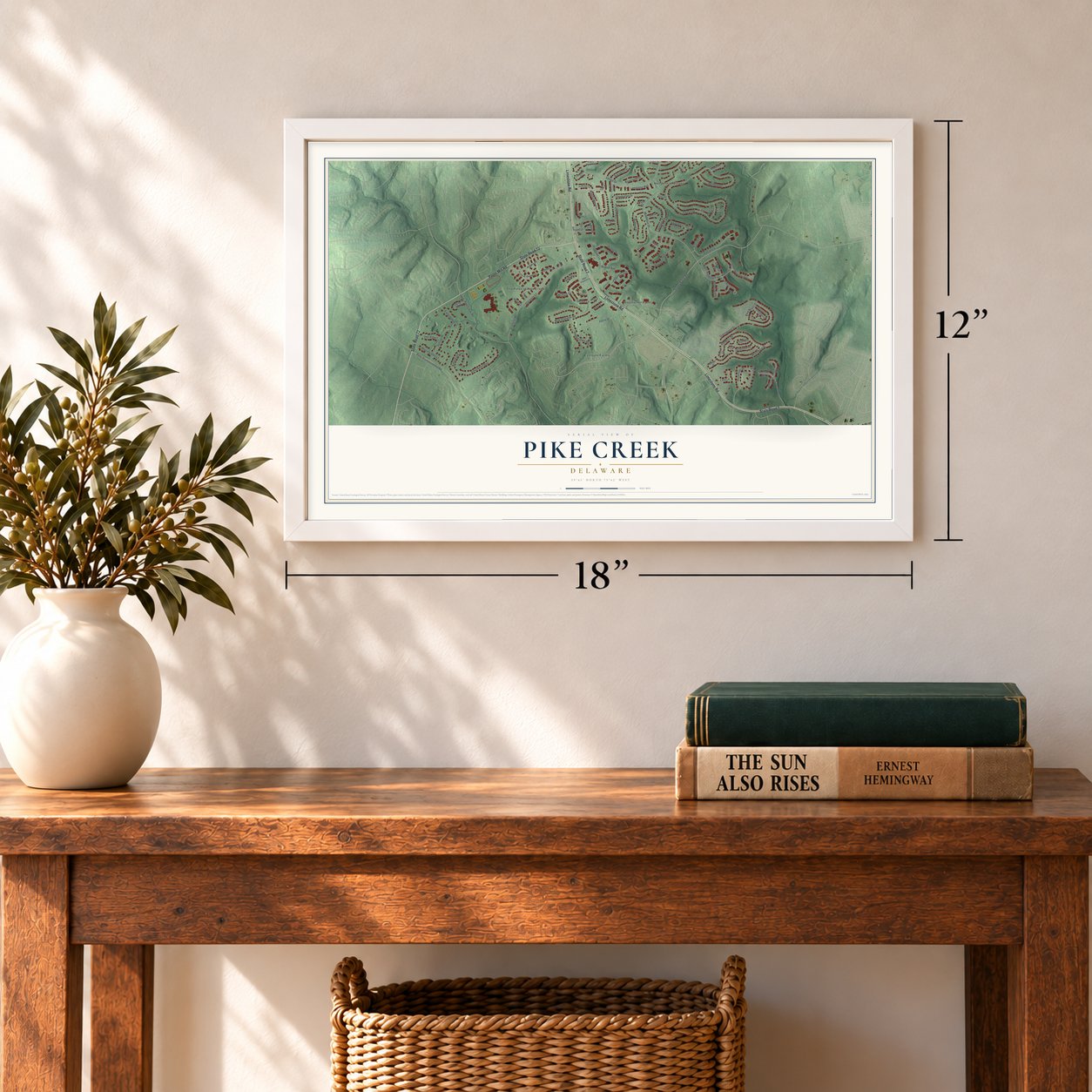 Pike Creek, Delaware map, 12 x 18 inch print in a white frame in an entryway