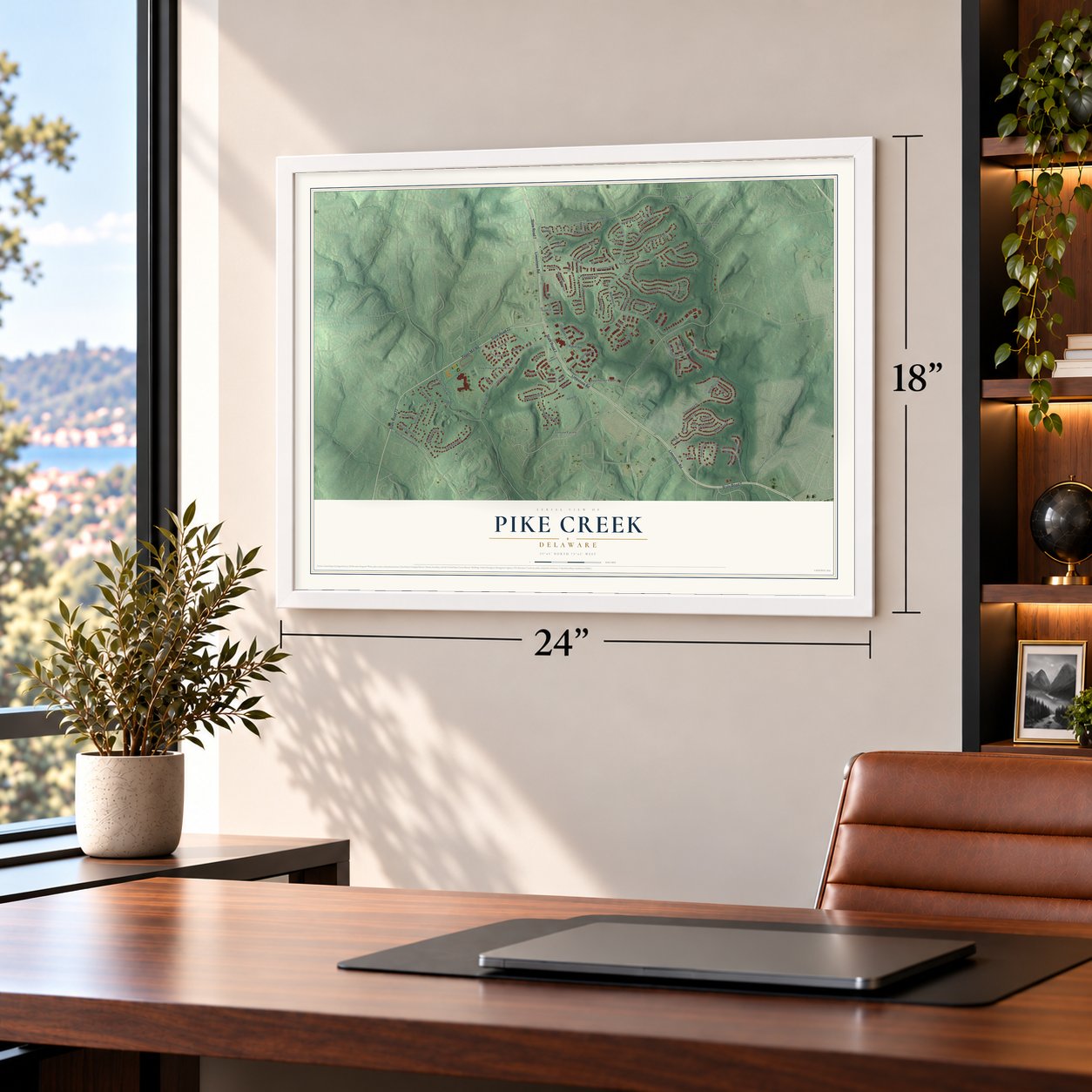 Pike Creek, Delaware map, 18 x 24 inch print in a white frame in a home office