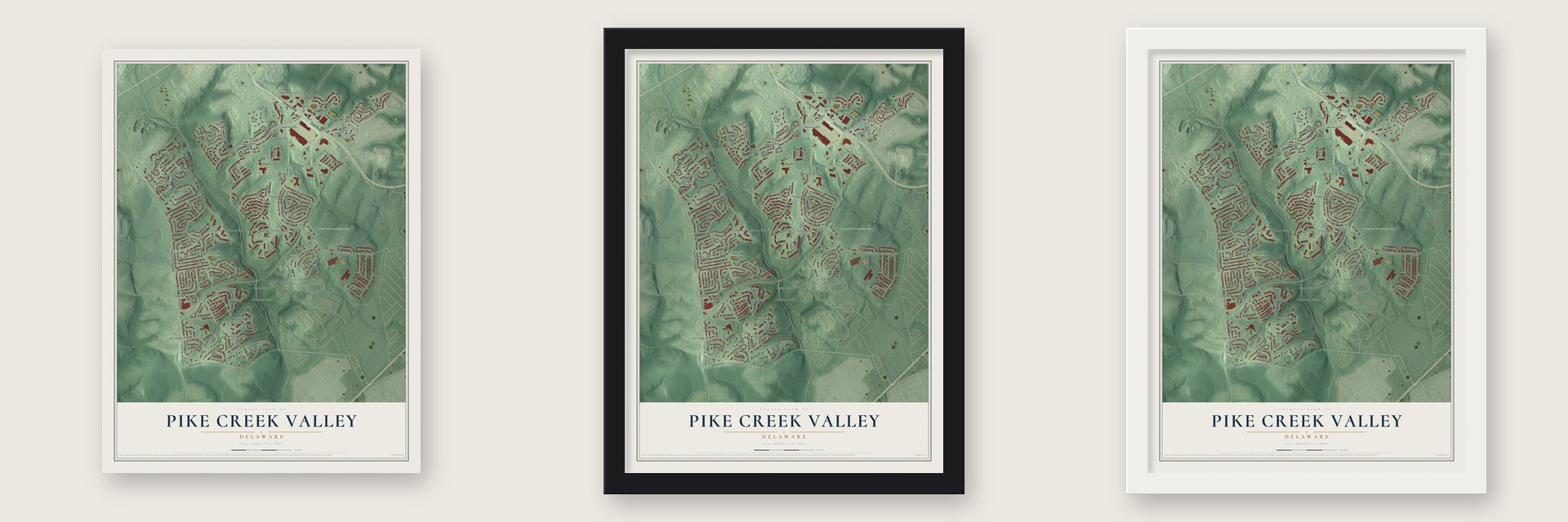 Pike Creek Valley, Delaware map unframed, in a black wood frame and in a white wood frame