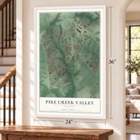 Pike Creek Valley, Delaware map, 24 x 36 inch print in a white frame by a staircase