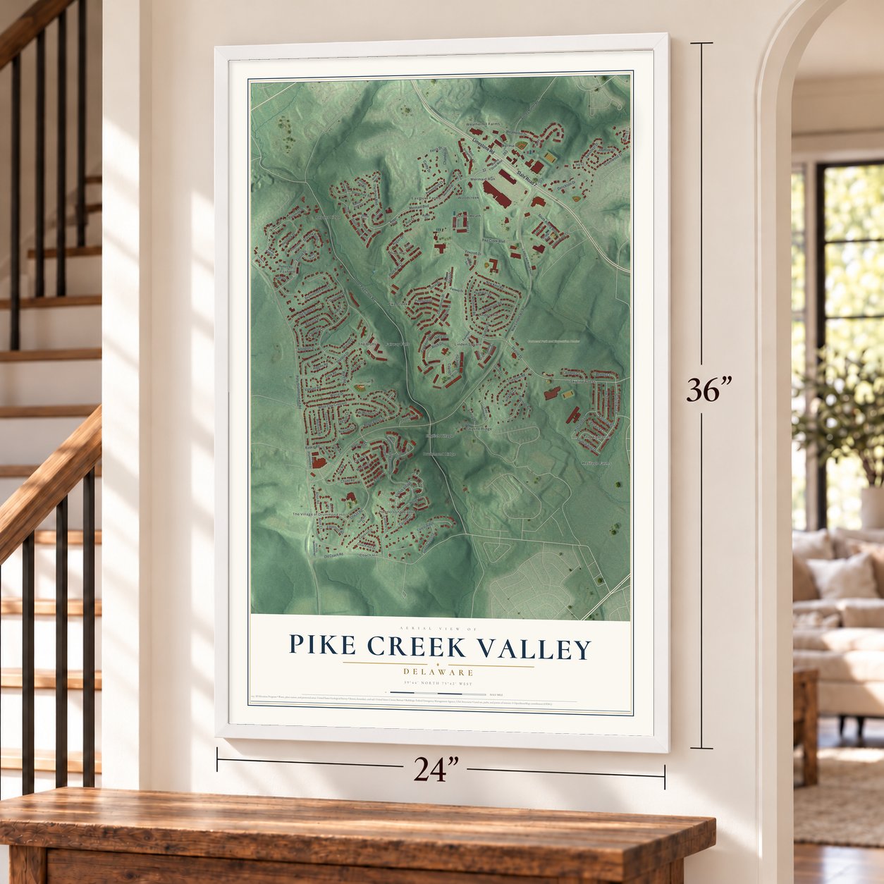 Pike Creek Valley, Delaware map, 24 x 36 inch print in a white frame by a staircase