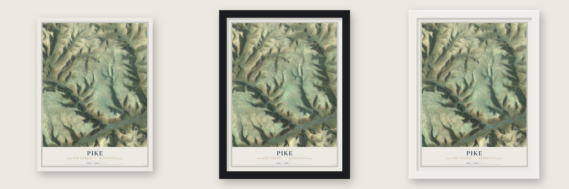 Pike, Potter County, Pennsylvania map unframed, in a black wood frame and in a white wood frame