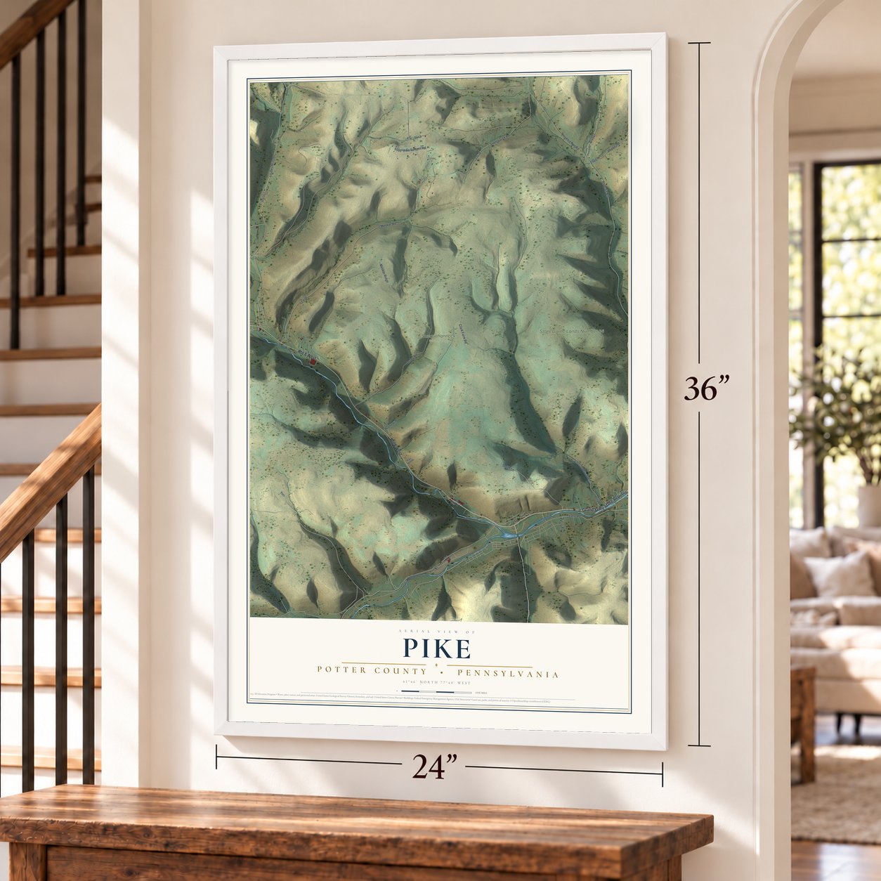 Pike, Potter County, Pennsylvania map, 24 x 36 inch print in a white frame by a staircase