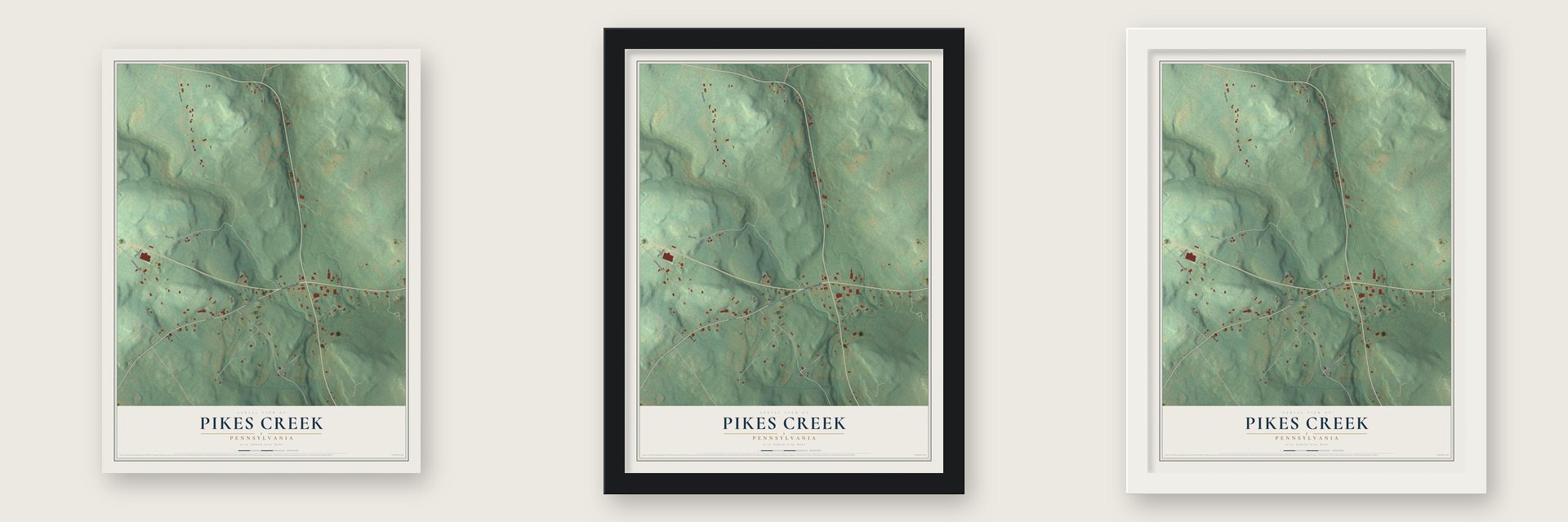 Pikes Creek, Pennsylvania map unframed, in a black wood frame and in a white wood frame