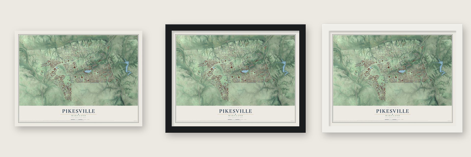 Pikesville, Maryland map unframed, in a black wood frame and in a white wood frame