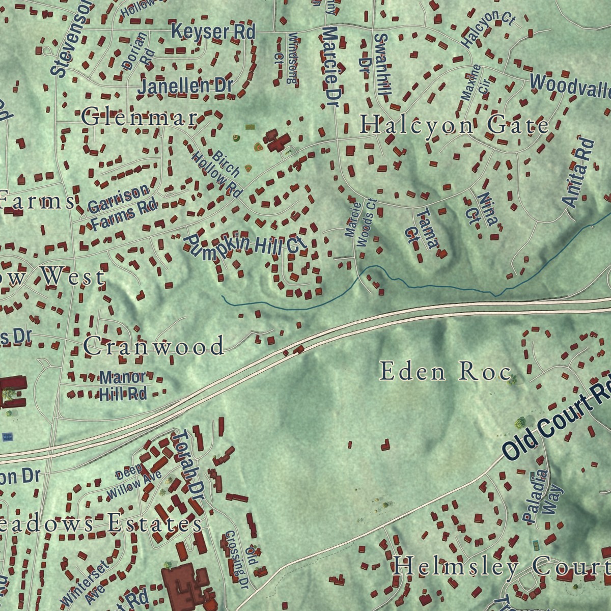 Second close-up of the map of Pikesville, Maryland print showing more streets and buildings