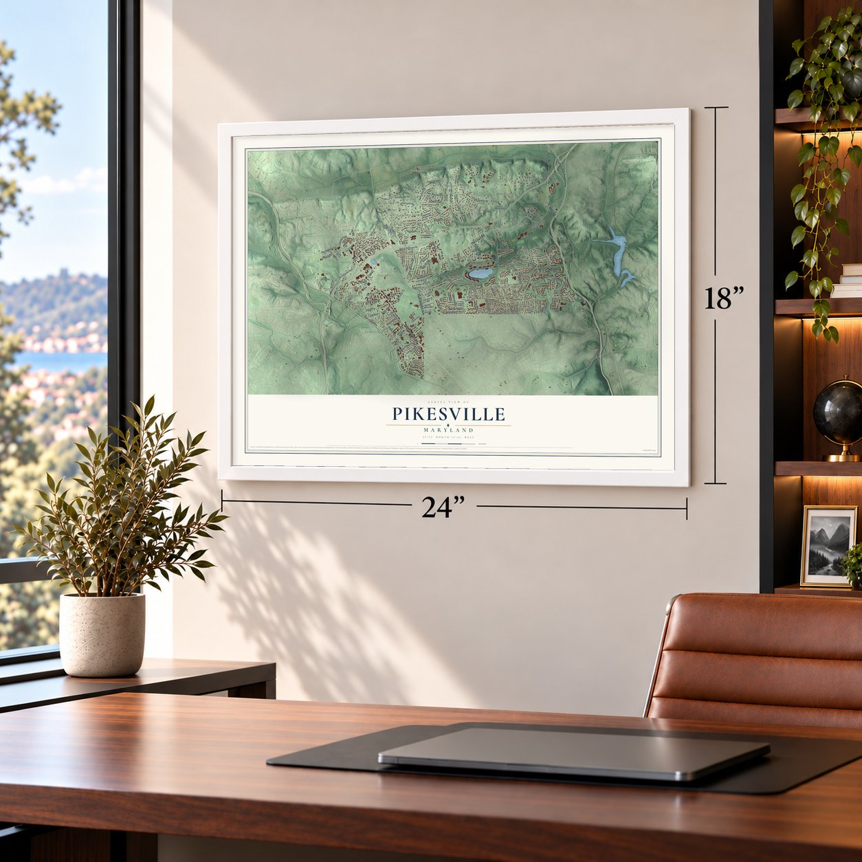 Pikesville, Maryland map, 18 x 24 inch print in a white frame in a home office