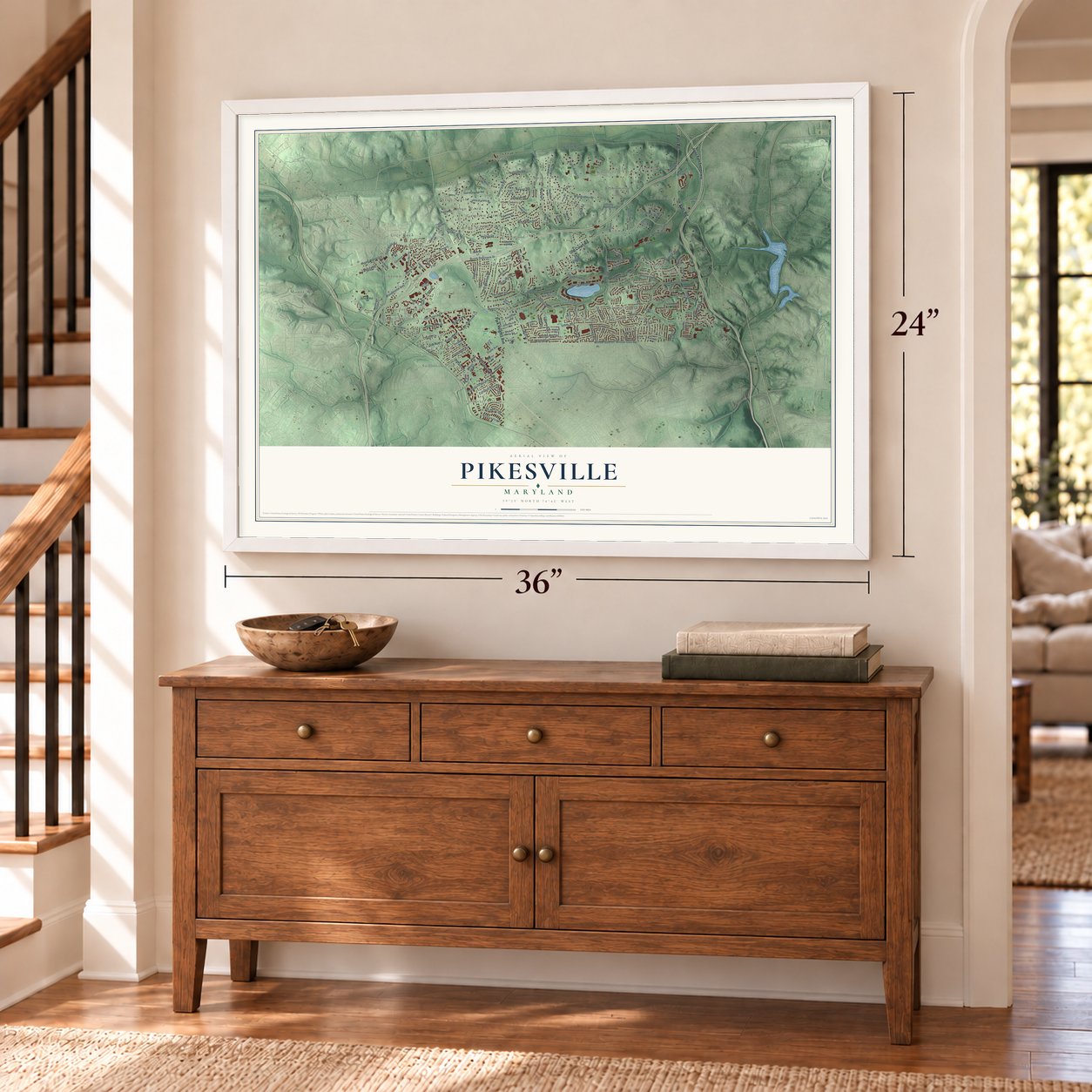 Pikesville, Maryland map, 24 x 36 inch print in a white frame above a dresser by a staircase