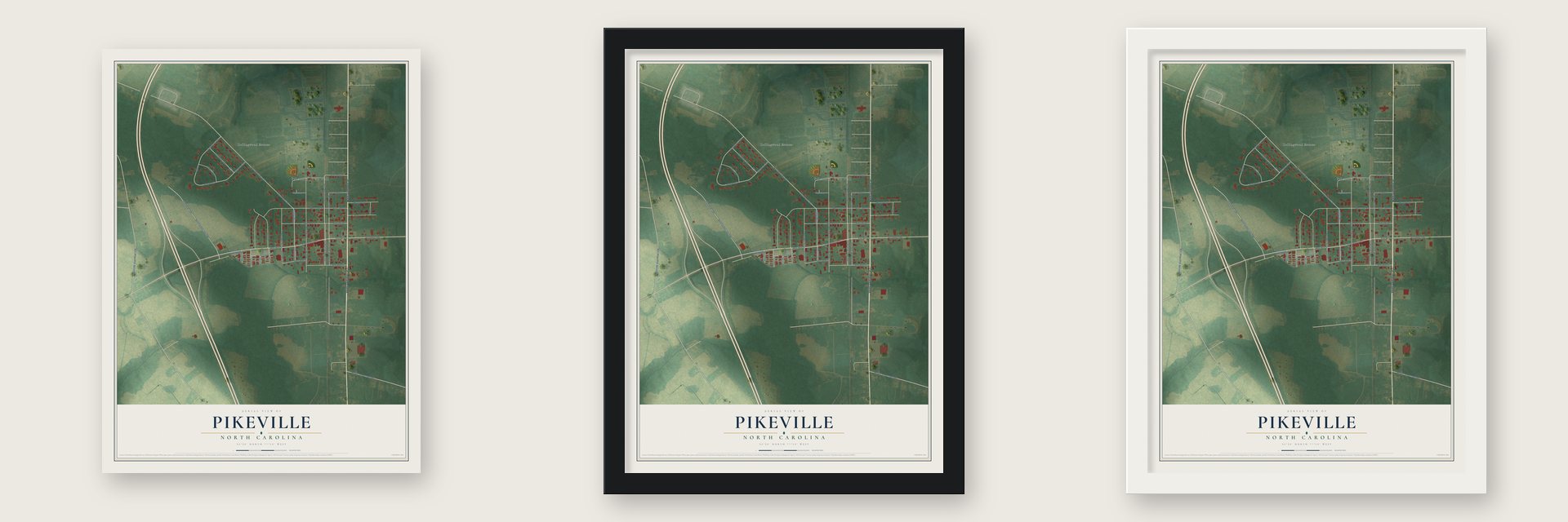 Pikeville, North Carolina map unframed, in a black wood frame and in a white wood frame