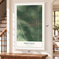 Pikeville, North Carolina map, 24 x 36 inch print in a white frame by a staircase