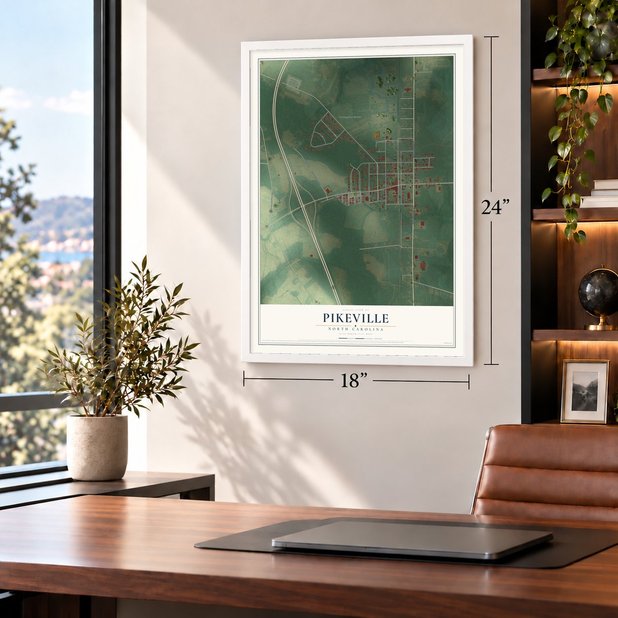 Pikeville, North Carolina map, 18 x 24 inch print in a white frame in a home office