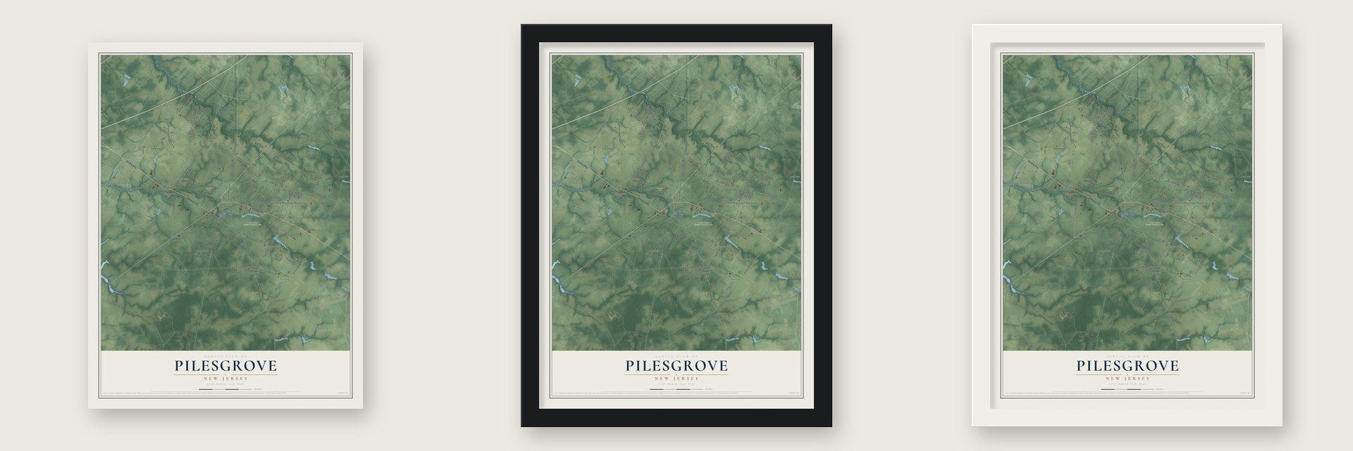 Pilesgrove, New Jersey map unframed, in a black wood frame and in a white wood frame
