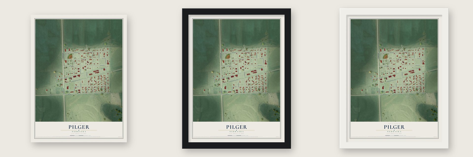 Pilger, Nebraska map unframed, in a black wood frame and in a white wood frame