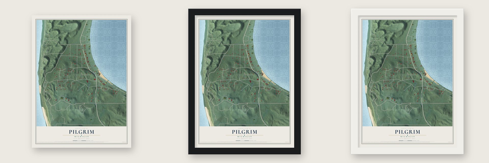 Pilgrim, Michigan map unframed, in a black wood frame and in a white wood frame