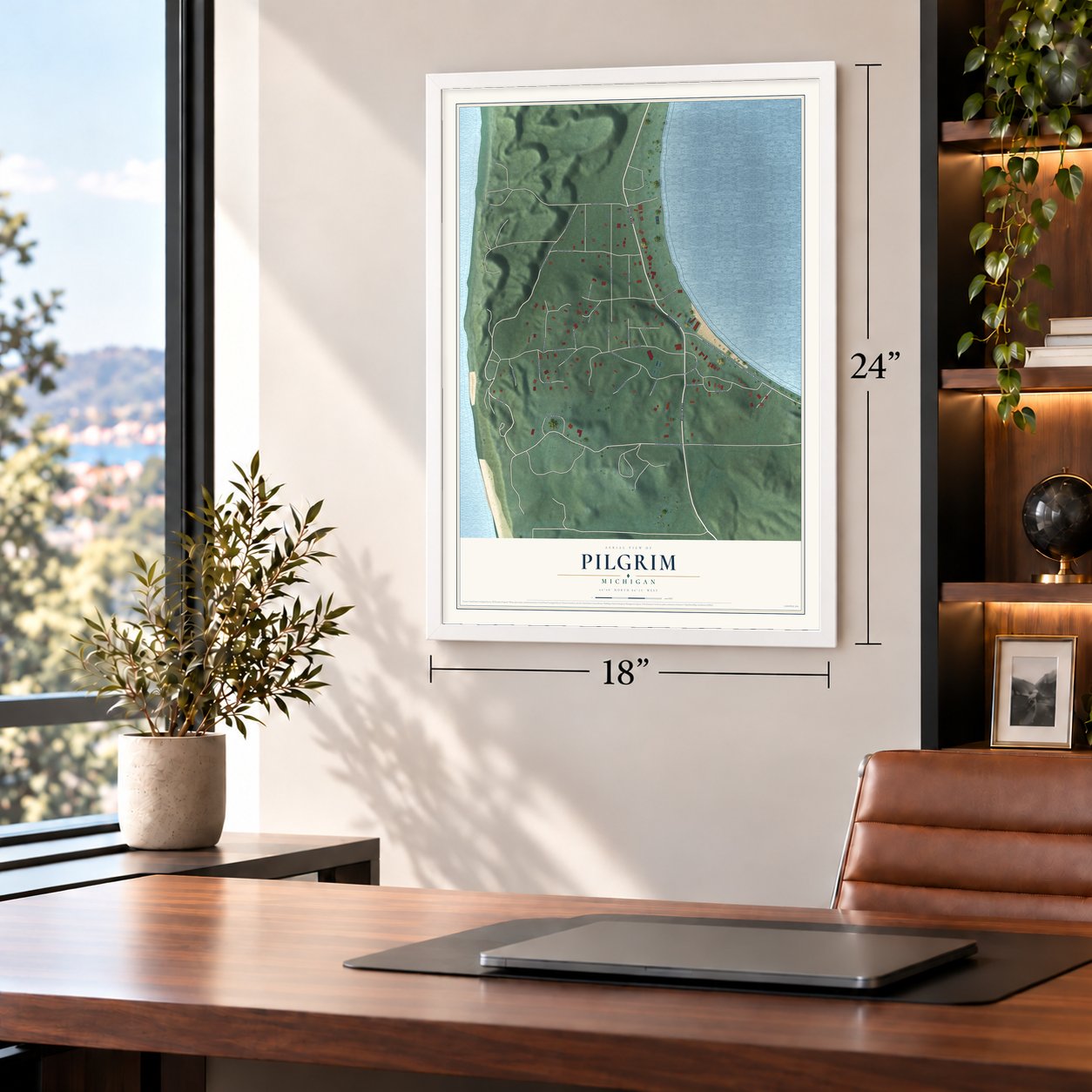 Pilgrim, Michigan map, 18 x 24 inch print in a white frame in a home office