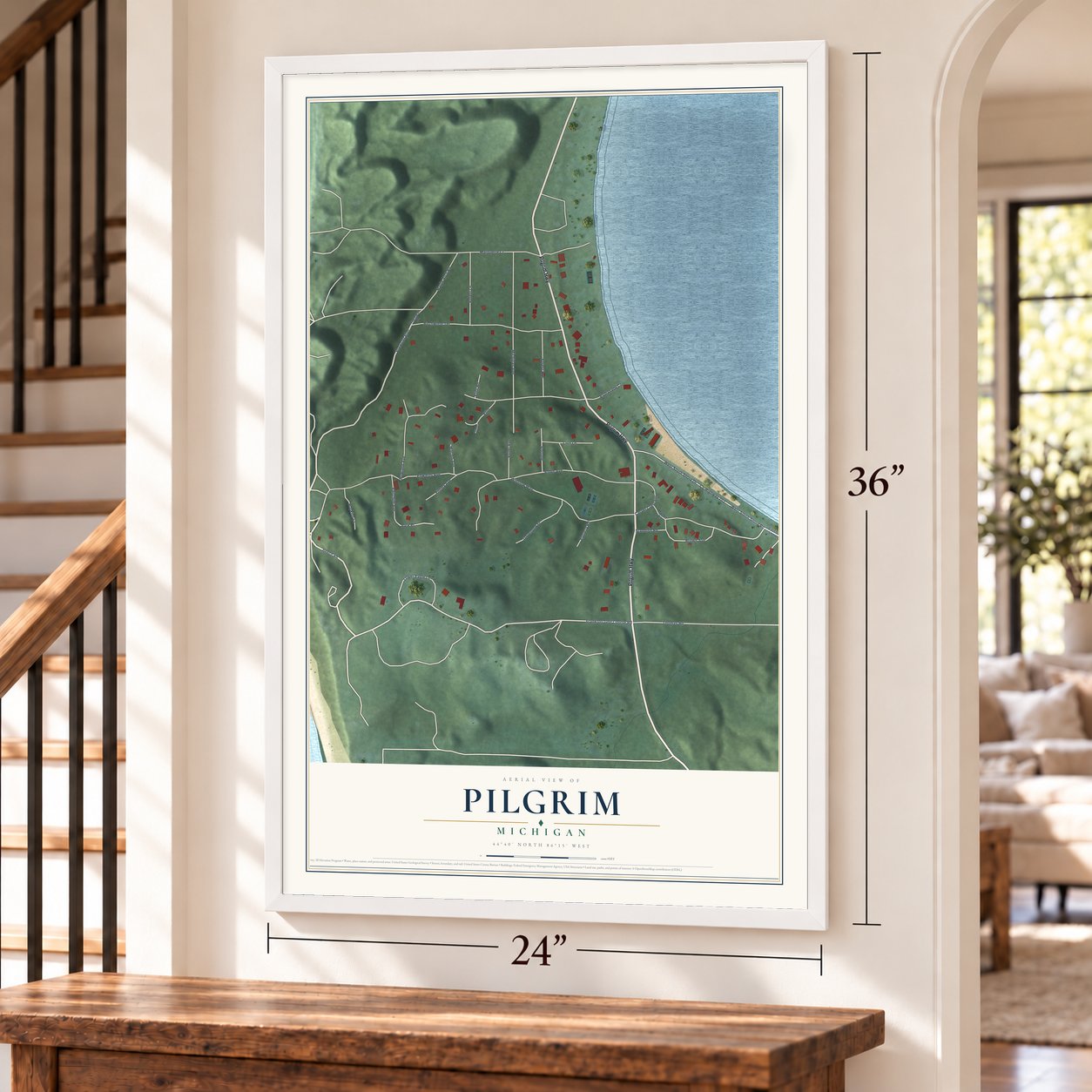 Pilgrim, Michigan map, 24 x 36 inch print in a white frame by a staircase
