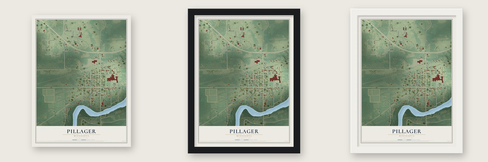 Pillager, Minnesota map unframed, in a black wood frame and in a white wood frame