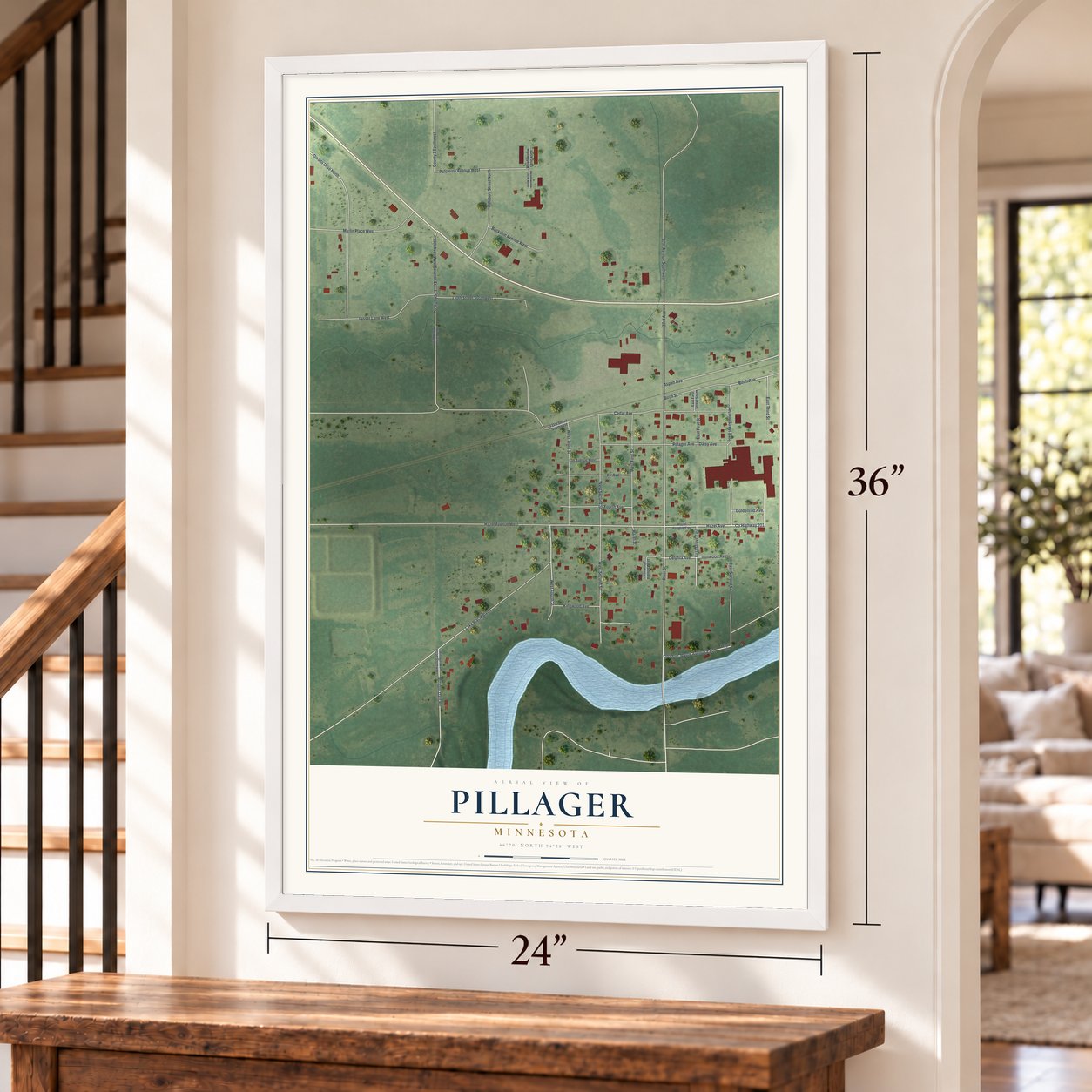 Pillager, Minnesota map, 24 x 36 inch print in a white frame by a staircase