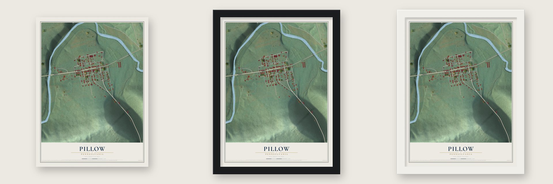 Pillow, Pennsylvania map unframed, in a black wood frame and in a white wood frame