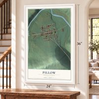 Pillow, Pennsylvania map, 24 x 36 inch print in a white frame by a staircase