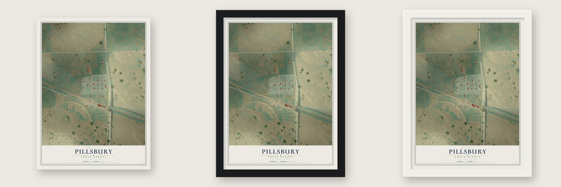 Pillsbury, North Dakota map unframed, in a black wood frame and in a white wood frame