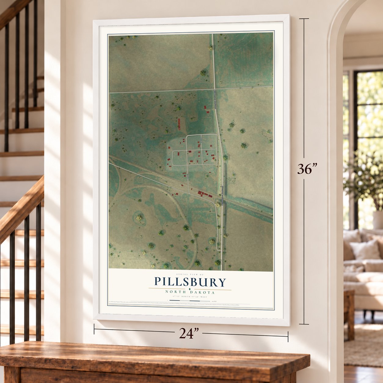 Pillsbury, North Dakota map, 24 x 36 inch print in a white frame by a staircase