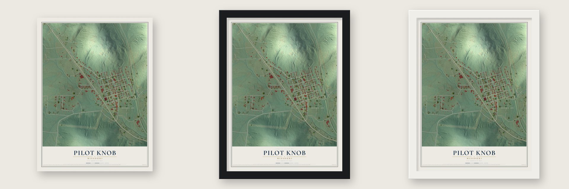 Pilot Knob, Missouri map unframed, in a black wood frame and in a white wood frame
