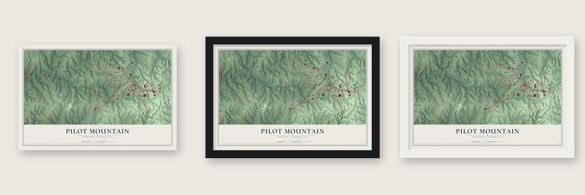 Pilot Mountain, North Carolina map unframed, in a black wood frame and in a white wood frame