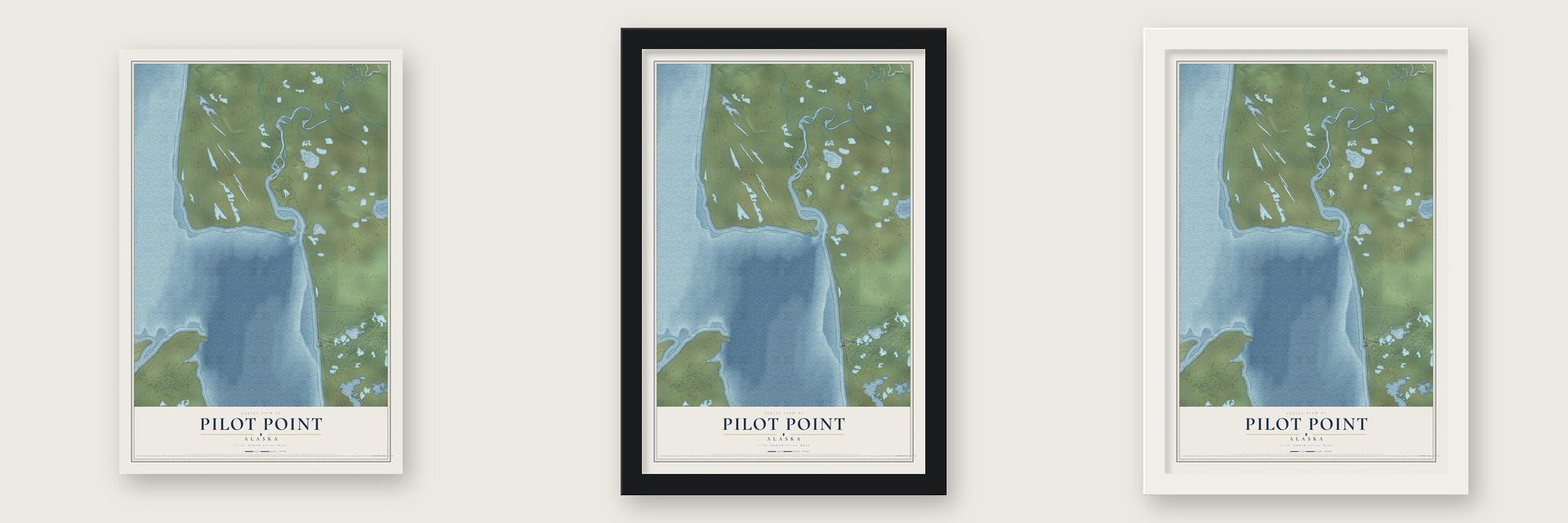 Pilot Point, Alaska map unframed, in a black wood frame and in a white wood frame
