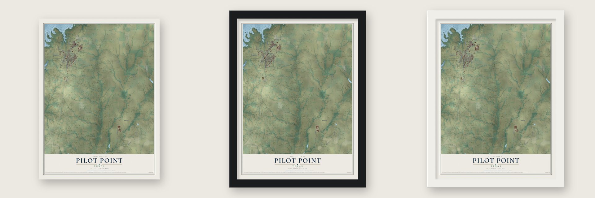 Pilot Point, Texas map unframed, in a black wood frame and in a white wood frame