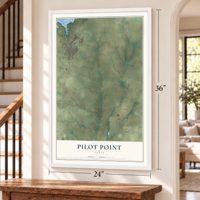Pilot Point, Texas map, 24 x 36 inch print in a white frame by a staircase
