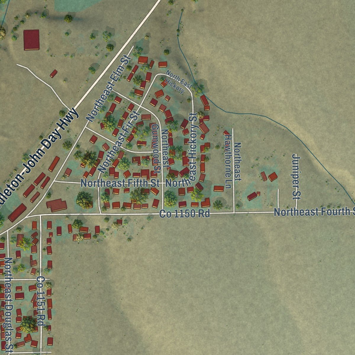 Second close-up of the map of Pilot Rock, Oregon print showing more streets and buildings