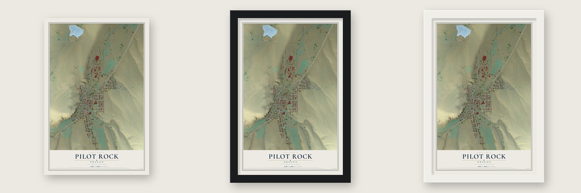 Pilot Rock, Oregon map unframed, in a black wood frame and in a white wood frame