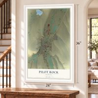 Pilot Rock, Oregon map, 24 x 36 inch print in a white frame by a staircase