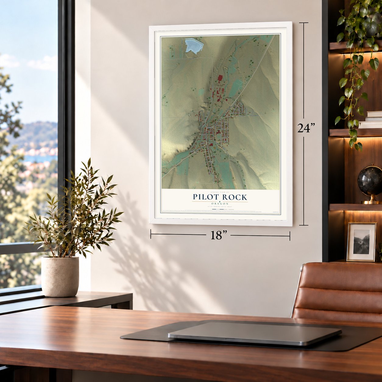 Pilot Rock, Oregon map, 18 x 24 inch print in a white frame in a home office