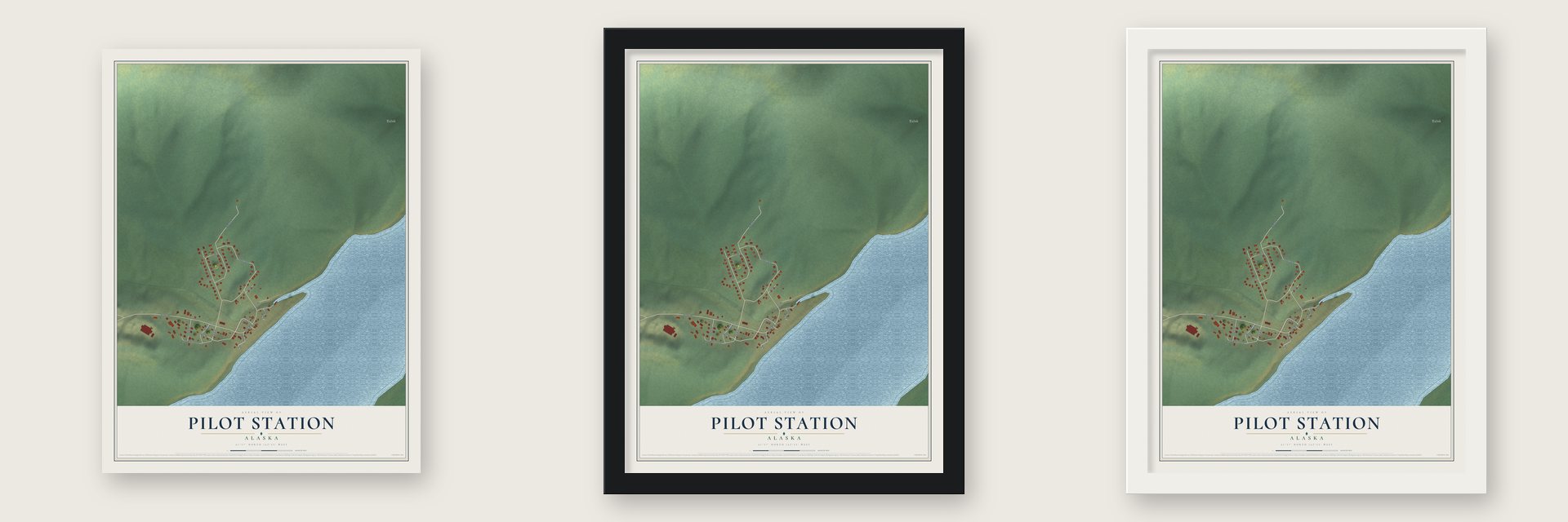Pilot Station, Alaska map unframed, in a black wood frame and in a white wood frame