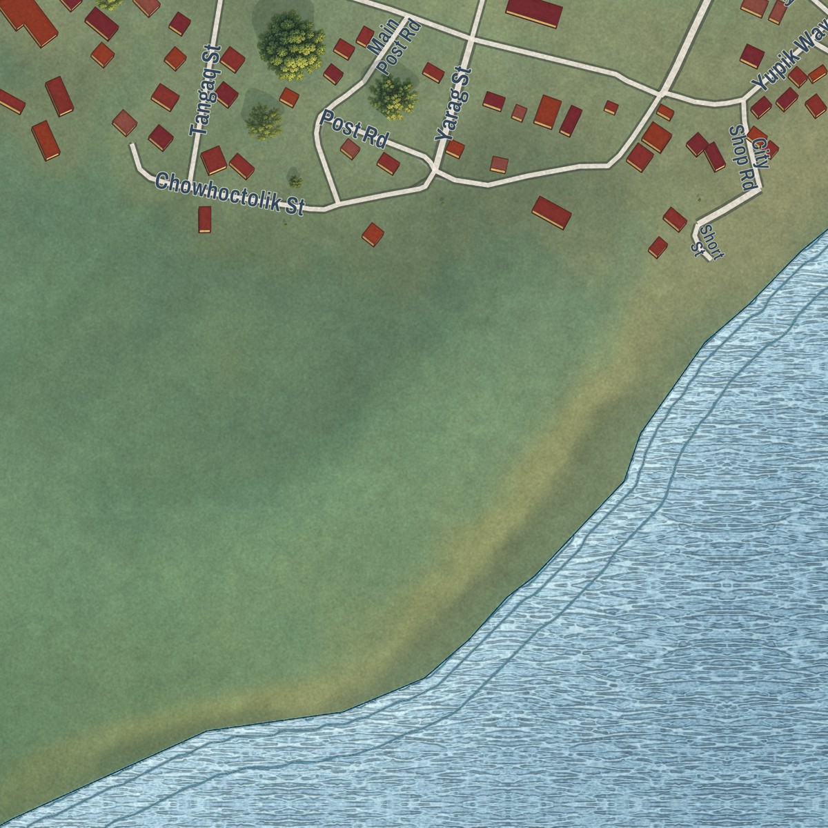 Second close-up of the map of Pilot Station, Alaska print showing more streets and buildings